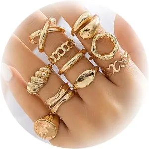 10Pcs Gold Chunky Stackable Rings Set for Women Silver Non Tarnish Dome Statement Open Knuckle Midi Finger Rings Pack Jewelry Gifts for Women