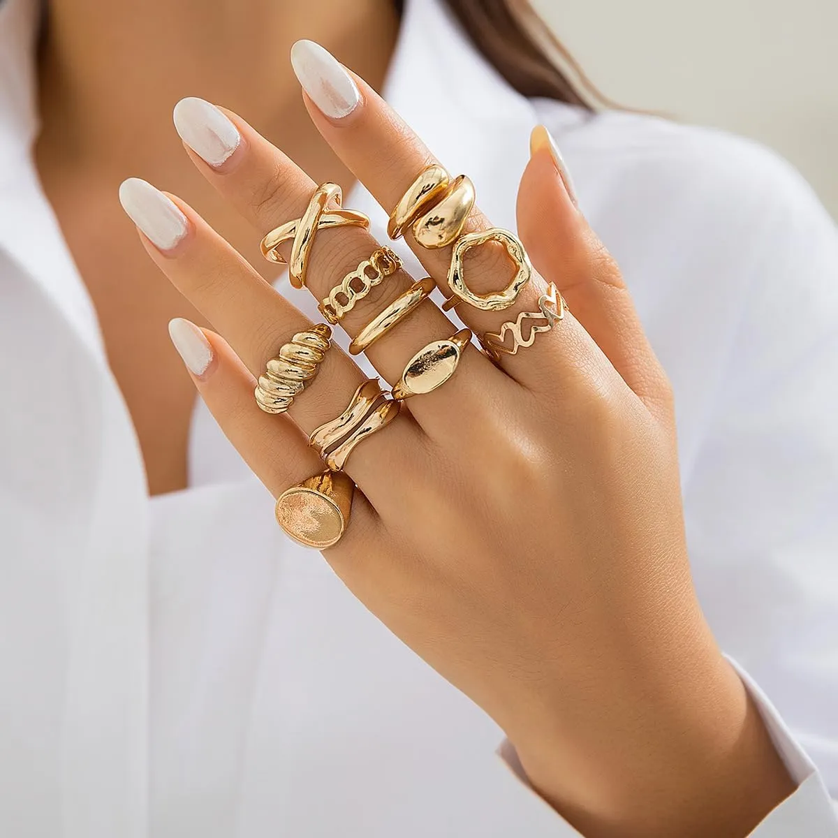 10Pcs Gold Chunky Stackable Rings Set for Women Silver Non Tarnish Dome Statement Open Knuckle Midi Finger Rings Pack Jewelry Gifts for Women