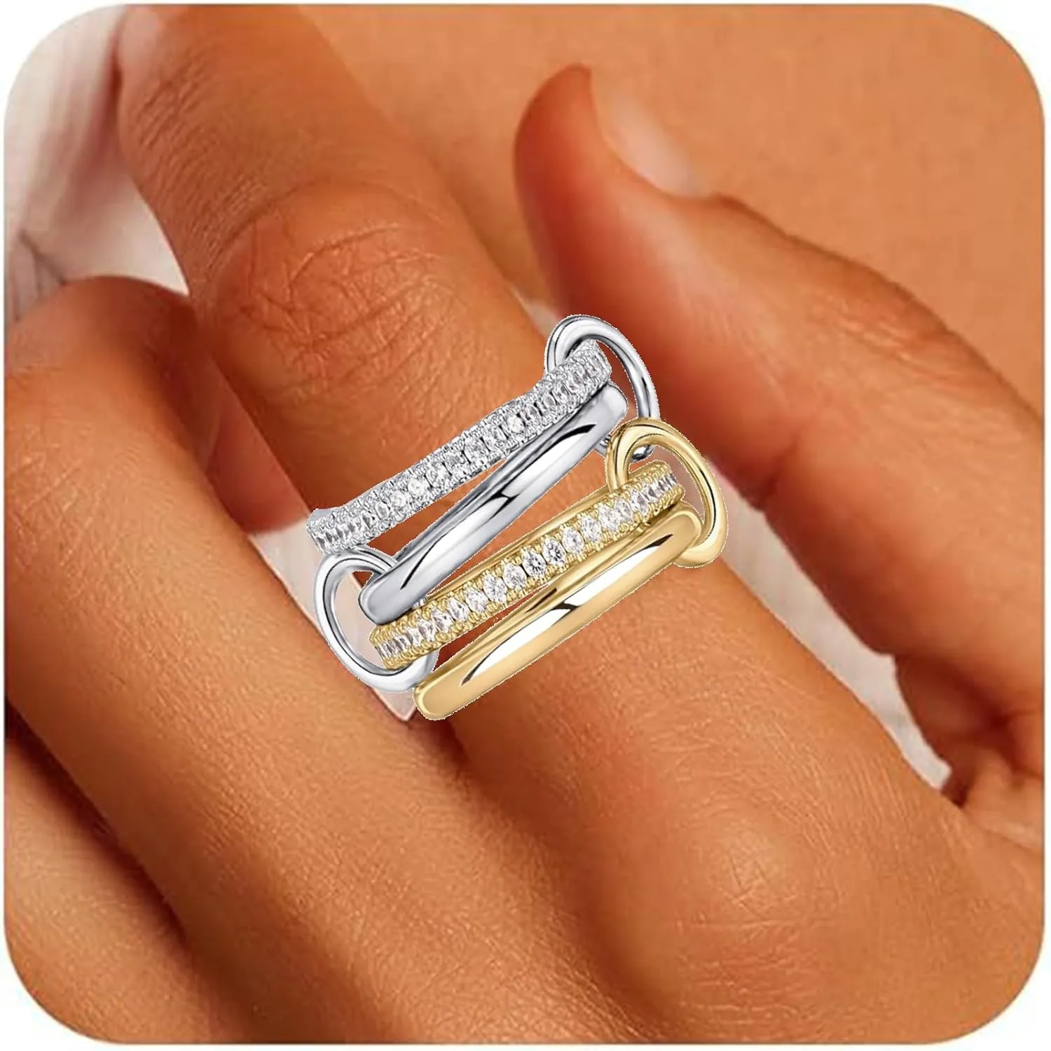 14K Gold/Silver Plated Interlocked Stackable Rings For Women Non Tarnish Stainless Steel Statement Rings Dainty Cubic Zirconia Rings Valentine's Day Gifts (Size 6-10)