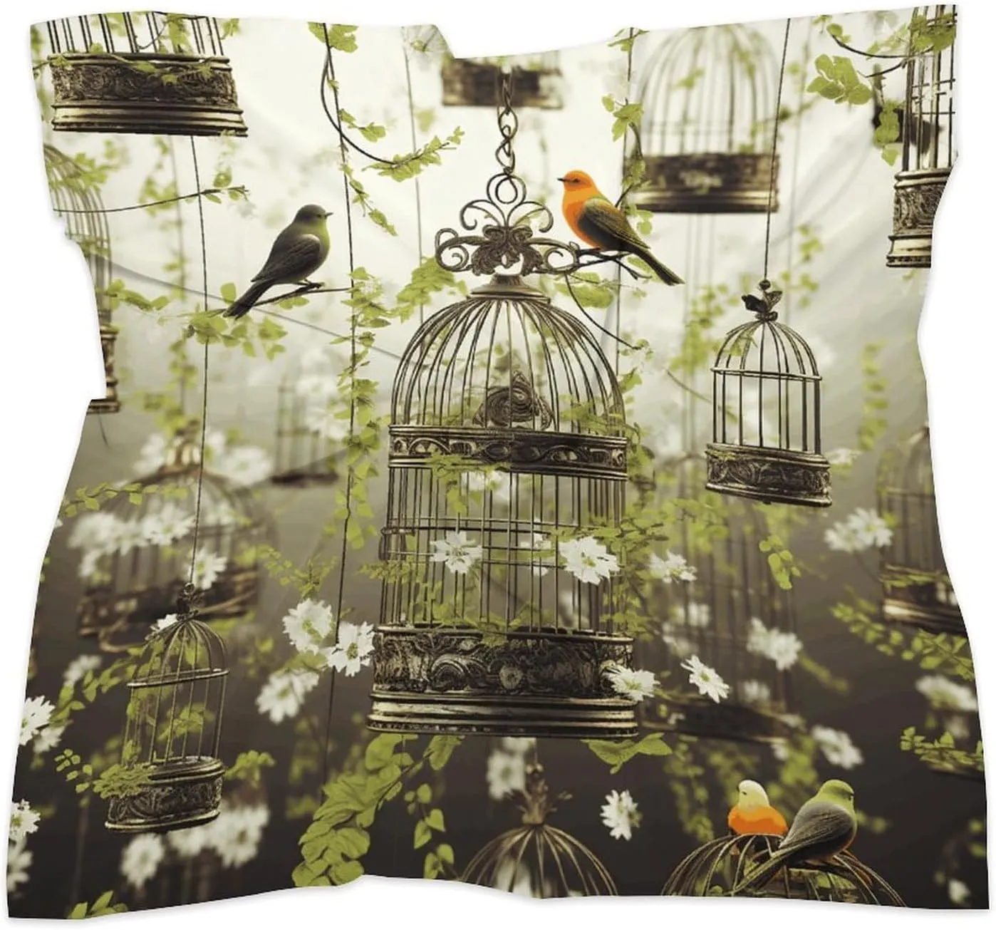 18" Silk Scarf Lightweight Satin Birdcages And Birds Head Scarf Fashion Neck Head Scarves Headband Silk Scarves for Women Men Boho Hair Wrap Kerchief Hair Bandanas Square Neckerchief