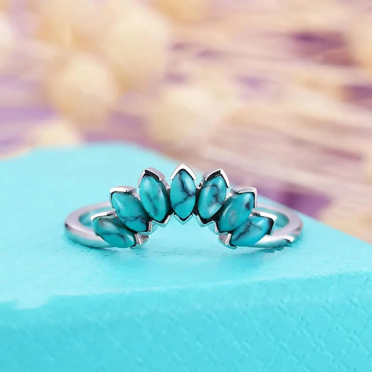 2 in 1 Turquoise Eternal Ring for Women Teardrop Shape Zircon Wedding Band Simulated Diamond Engagement Ring (Silver, 7)