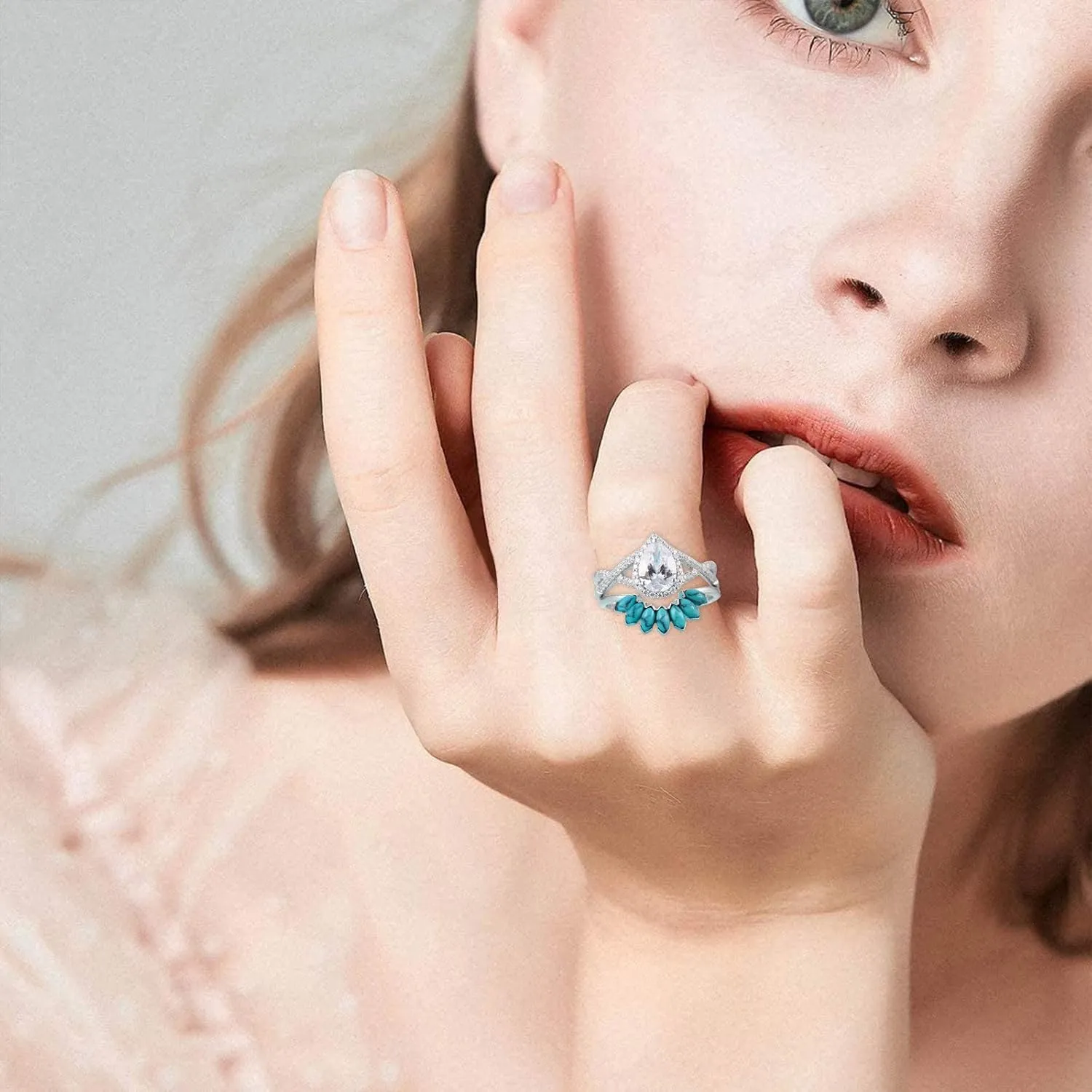 2 in 1 Turquoise Eternal Ring for Women Teardrop Shape Zircon Wedding Band Simulated Diamond Engagement Ring (Silver, 7)