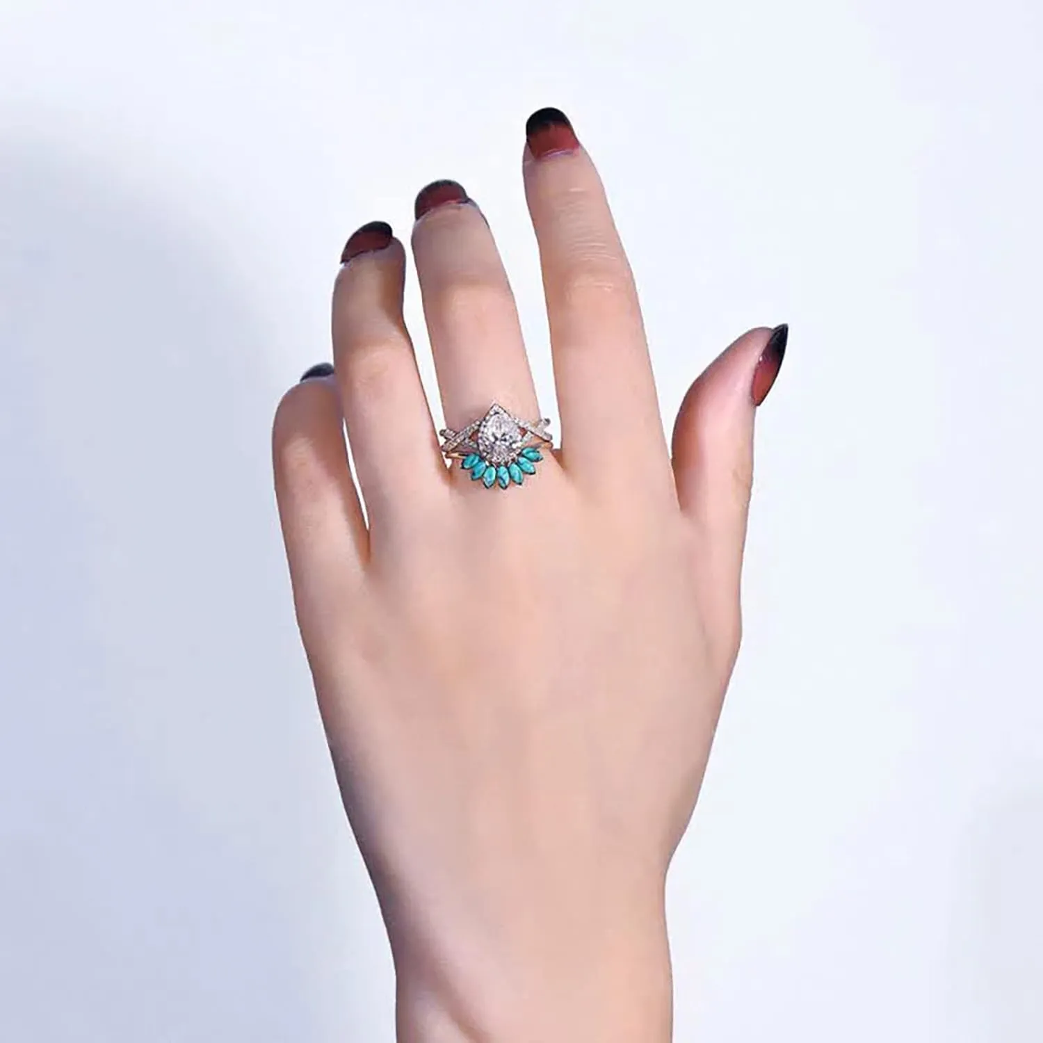 2 in 1 Turquoise Eternal Ring for Women Teardrop Shape Zircon Wedding Band Simulated Diamond Engagement Ring (Silver, 7)