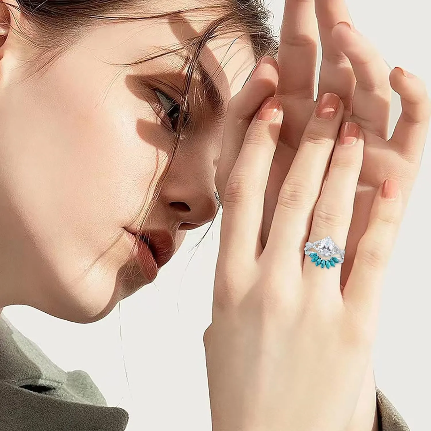 2 in 1 Turquoise Eternal Ring for Women Teardrop Shape Zircon Wedding Band Simulated Diamond Engagement Ring (Silver, 7)