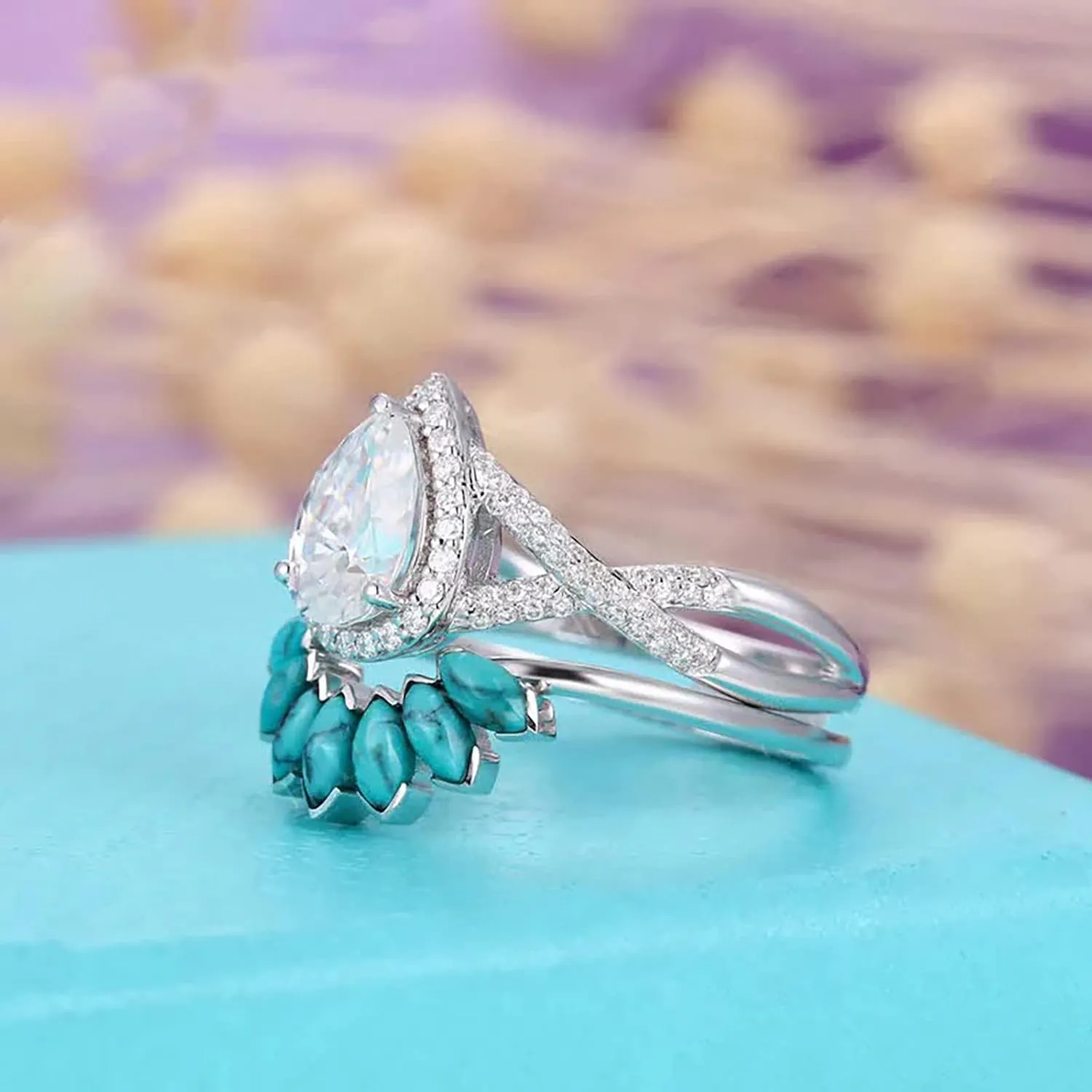 2 in 1 Turquoise Eternal Ring for Women Teardrop Shape Zircon Wedding Band Simulated Diamond Engagement Ring (Silver, 7)