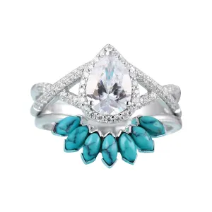 2 in 1 Turquoise Eternal Ring for Women Teardrop Shape Zircon Wedding Band Simulated Diamond Engagement Ring (Silver, 7)