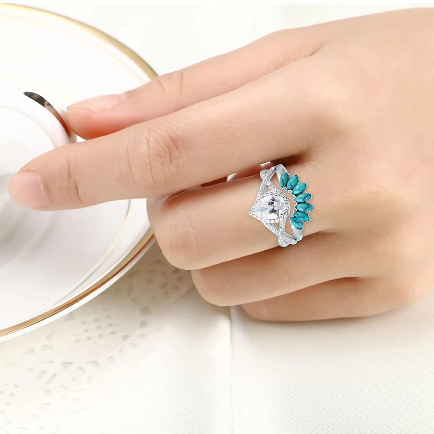 2 in 1 Turquoise Eternal Ring for Women Teardrop Shape Zircon Wedding Band Simulated Diamond Engagement Ring (Silver, 7)