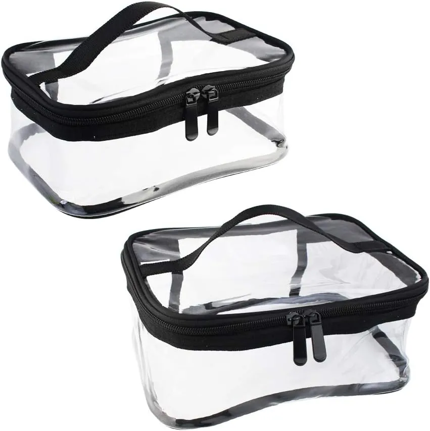2 Pack Portable Clear Makeup Bag Zipper Waterproof Cosmetics Bag Transparent Travel Storage Carry Pouch PVC Zippered Toiletry Bag Organizers With Handle for Vacation Travel, Bathroom