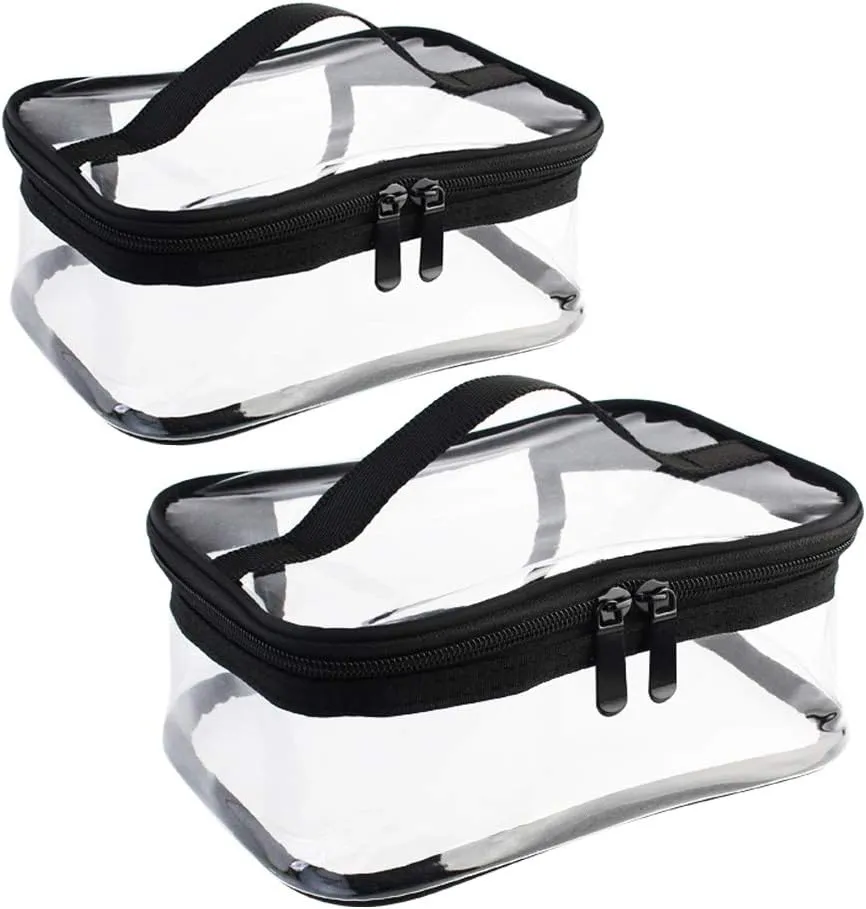 2 Pack Portable Clear Makeup Bag Zipper Waterproof Cosmetics Bag Transparent Travel Storage Carry Pouch PVC Zippered Toiletry Bag Organizers With Handle for Vacation Travel, Bathroom