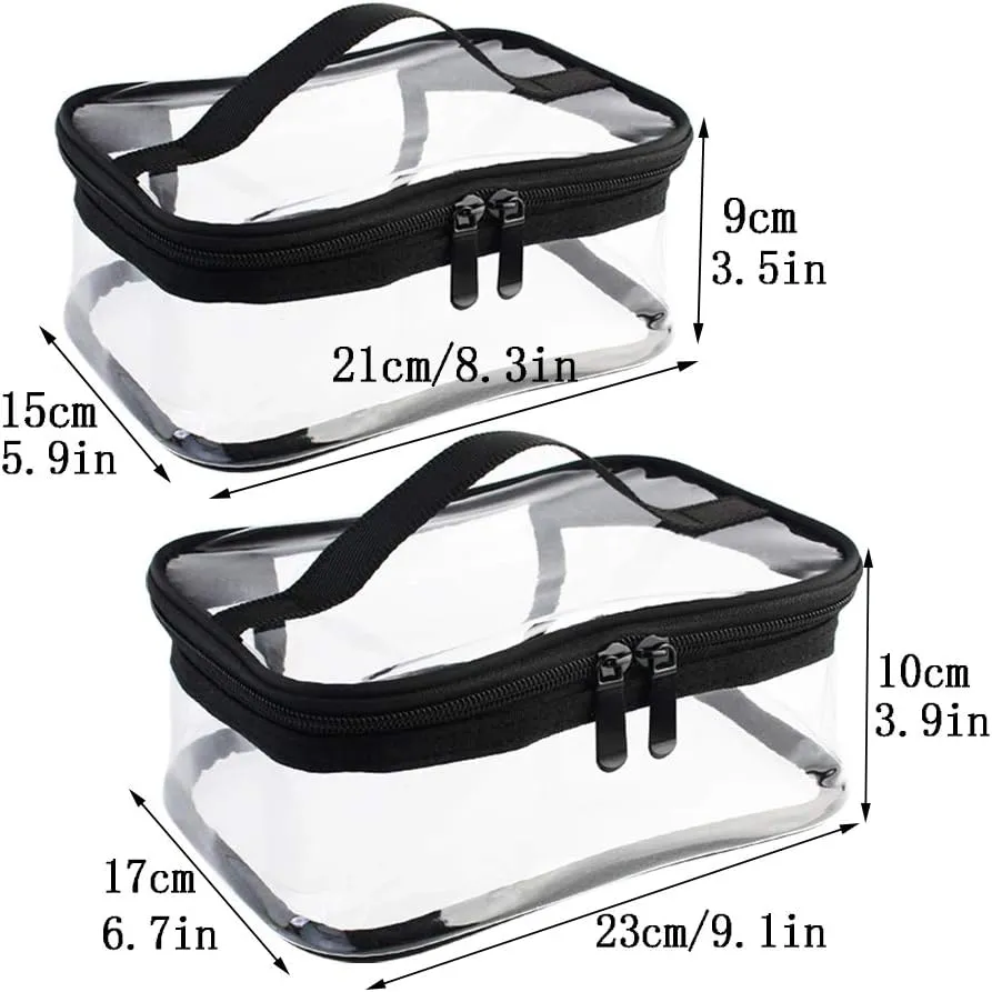 2 Pack Portable Clear Makeup Bag Zipper Waterproof Cosmetics Bag Transparent Travel Storage Carry Pouch PVC Zippered Toiletry Bag Organizers With Handle for Vacation Travel, Bathroom