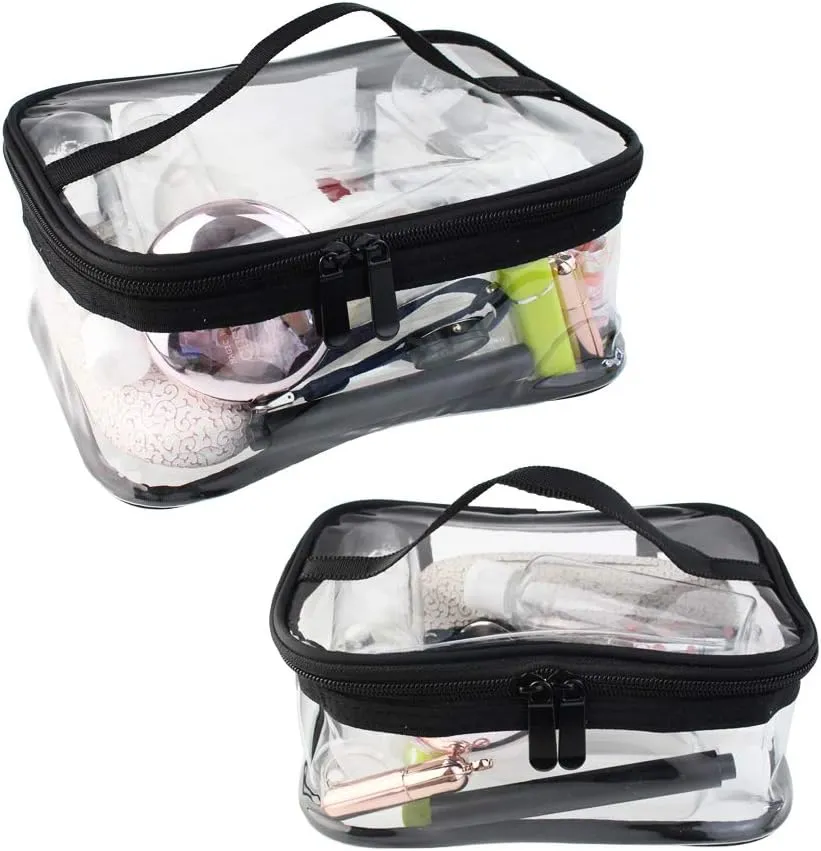 2 Pack Portable Clear Makeup Bag Zipper Waterproof Cosmetics Bag Transparent Travel Storage Carry Pouch PVC Zippered Toiletry Bag Organizers With Handle for Vacation Travel, Bathroom