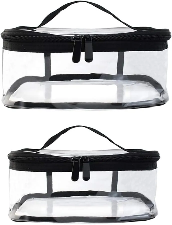2 Pack Portable Clear Makeup Bag Zipper Waterproof Cosmetics Bag Transparent Travel Storage Carry Pouch PVC Zippered Toiletry Bag Organizers With Handle for Vacation Travel, Bathroom