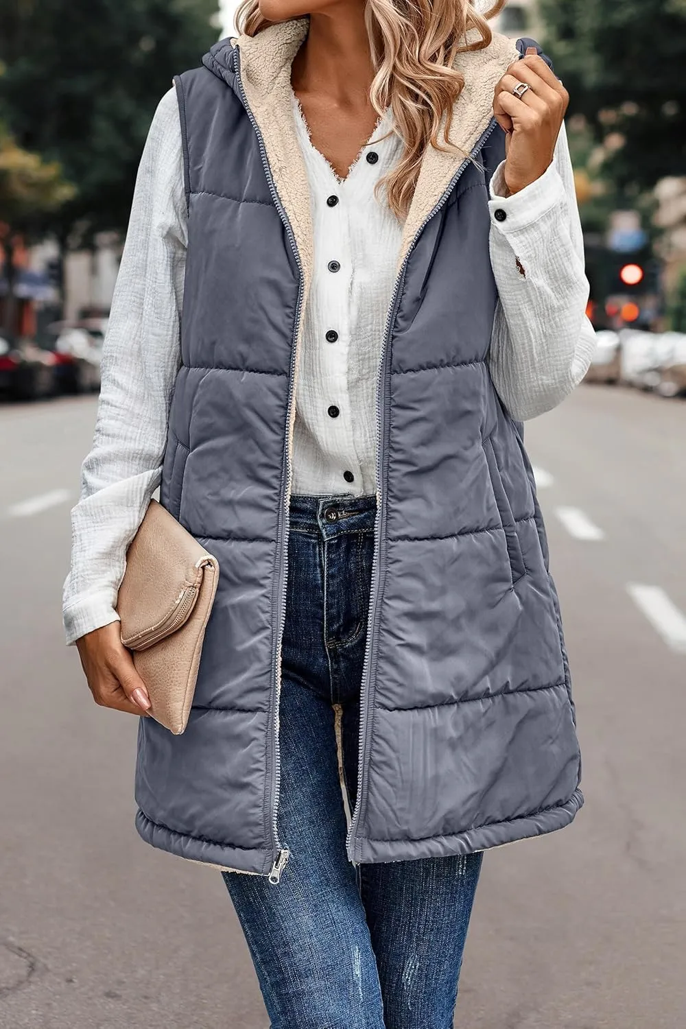 2023 Womens Fall Reversible Vests Sleeveless Fleece Jacket Zip Up Lightweight Down with Pocket Winter Jackets Coats
