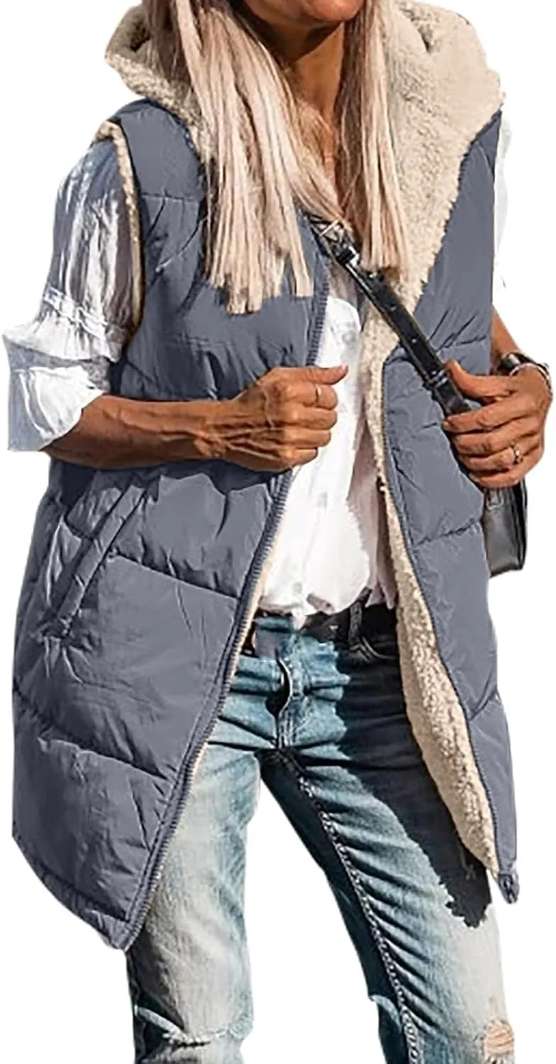 2023 Womens Fall Reversible Vests Sleeveless Fleece Jacket Zip Up Lightweight Down with Pocket Winter Jackets Coats
