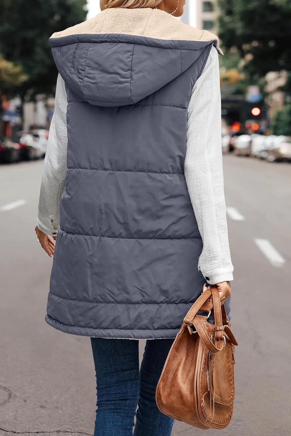 2023 Womens Fall Reversible Vests Sleeveless Fleece Jacket Zip Up Lightweight Down with Pocket Winter Jackets Coats