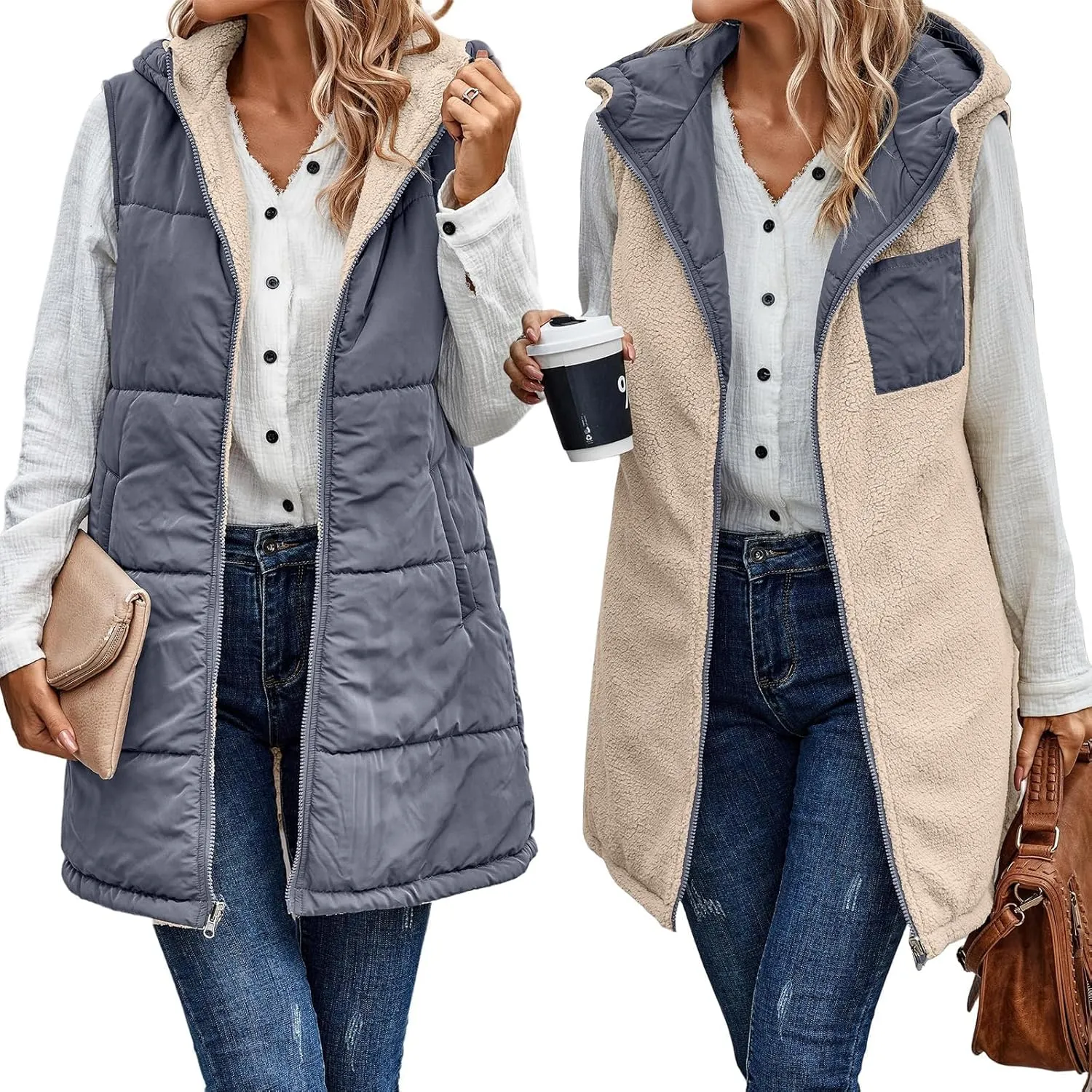 2023 Womens Fall Reversible Vests Sleeveless Fleece Jacket Zip Up Lightweight Down with Pocket Winter Jackets Coats