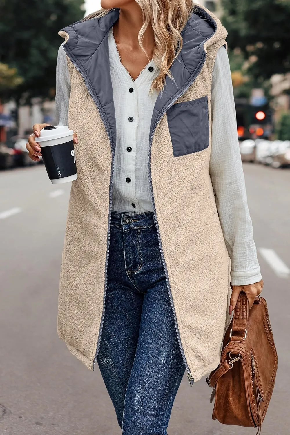 2023 Womens Fall Reversible Vests Sleeveless Fleece Jacket Zip Up Lightweight Down with Pocket Winter Jackets Coats