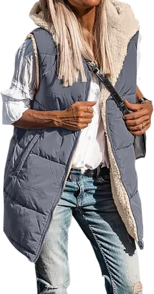 2023 Womens Fall Reversible Vests Sleeveless Fleece Jacket Zip Up Lightweight Down with Pocket Winter Jackets Coats