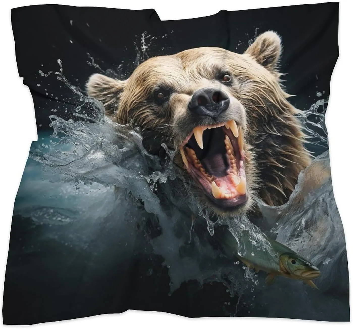 25" Silk Scarf Lightweight Satin Bear Holding Fish Head Scarf Fashion Neck Head Scarves Headband Silk Scarves for Women Men Boho Hair Wrap Kerchief Hair Bandanas Square Neckerchief