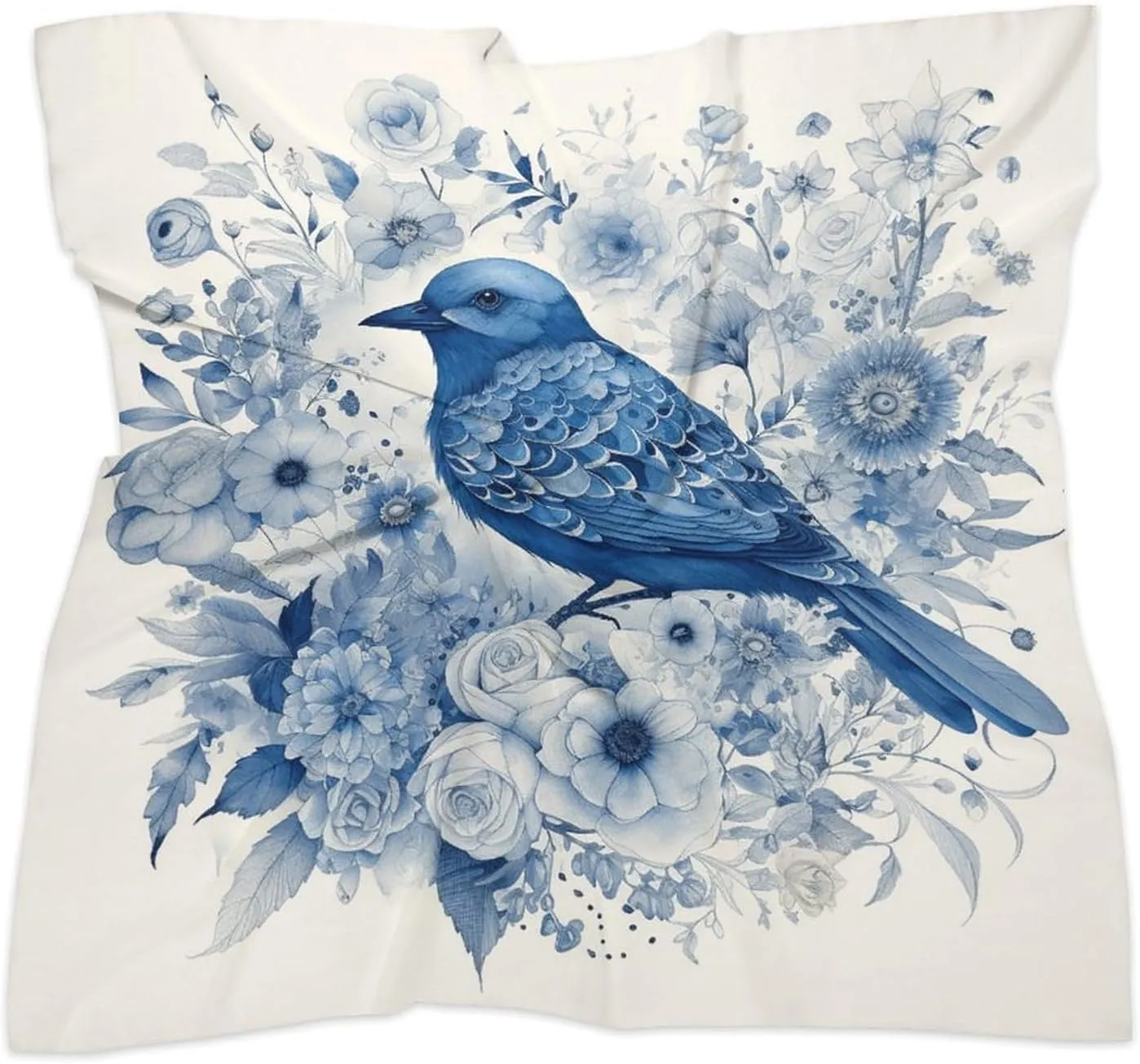 25" Silk Scarf Lightweight Satin Bluebird And Flowers Head Scarf Fashion Neck Head Scarves Headband Silk Scarves for Women Men Boho Hair Wrap Kerchief Hair Bandanas Square Neckerchief