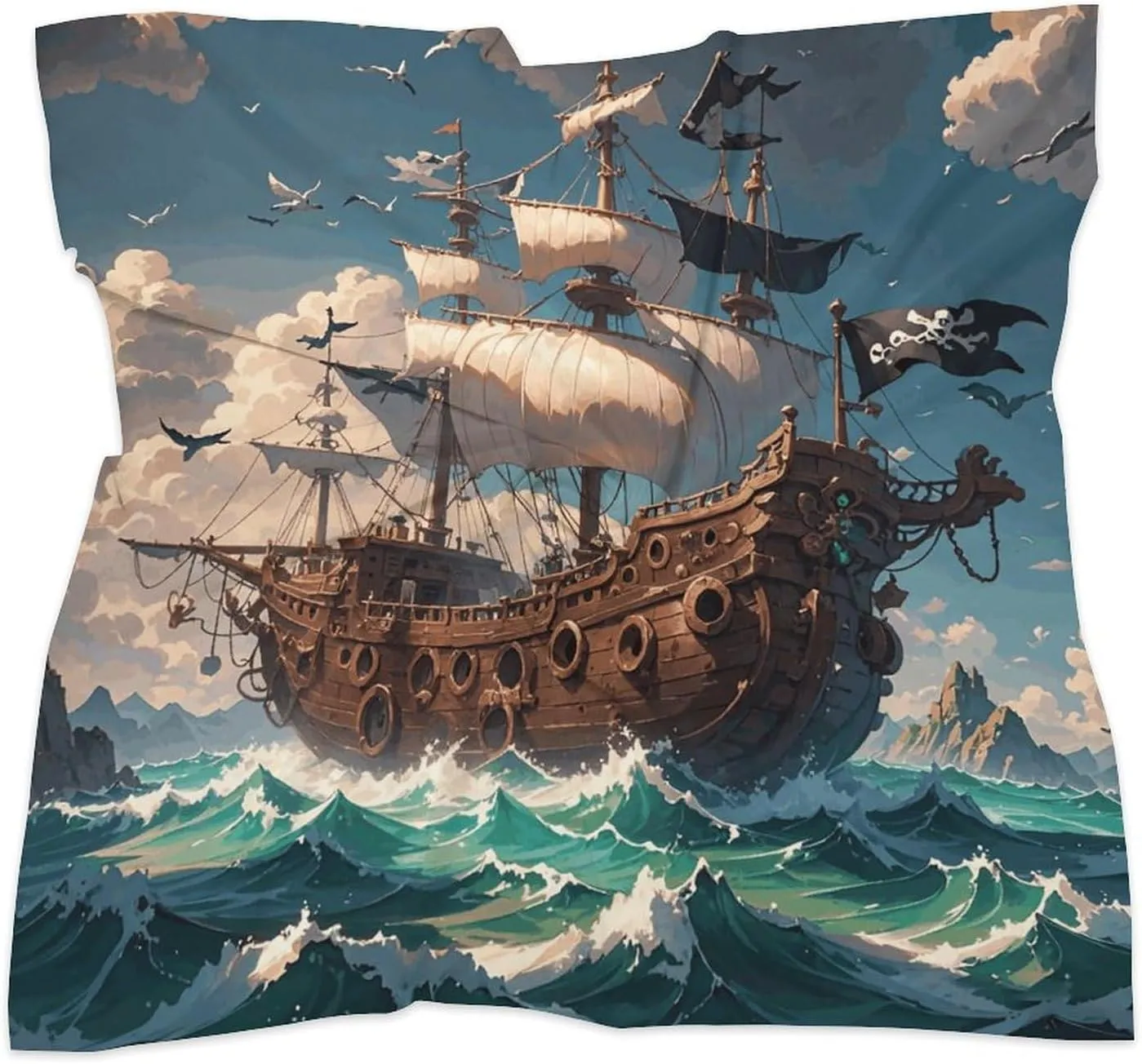 25" Silk Scarf Lightweight Satin Fantasy Pirate Ship Head Scarf Fashion Neck Head Scarves Headband Silk Scarves for Women Men Boho Hair Wrap Kerchief Hair Bandanas Square Neckerchief