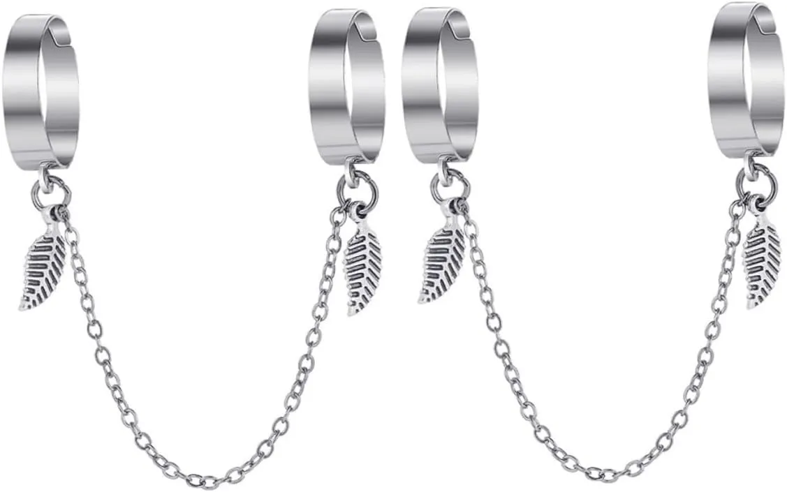 2pcs Gothic Style Chain Finger Rings Leaf Decorated Open Rings Adjustable Fashion Statement for Women