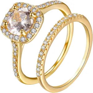 2pcs Women CZ Simulated Diamond Stackable Ring Set Zircon Engagement Rings Wedding Statement Band (Golden, 9)