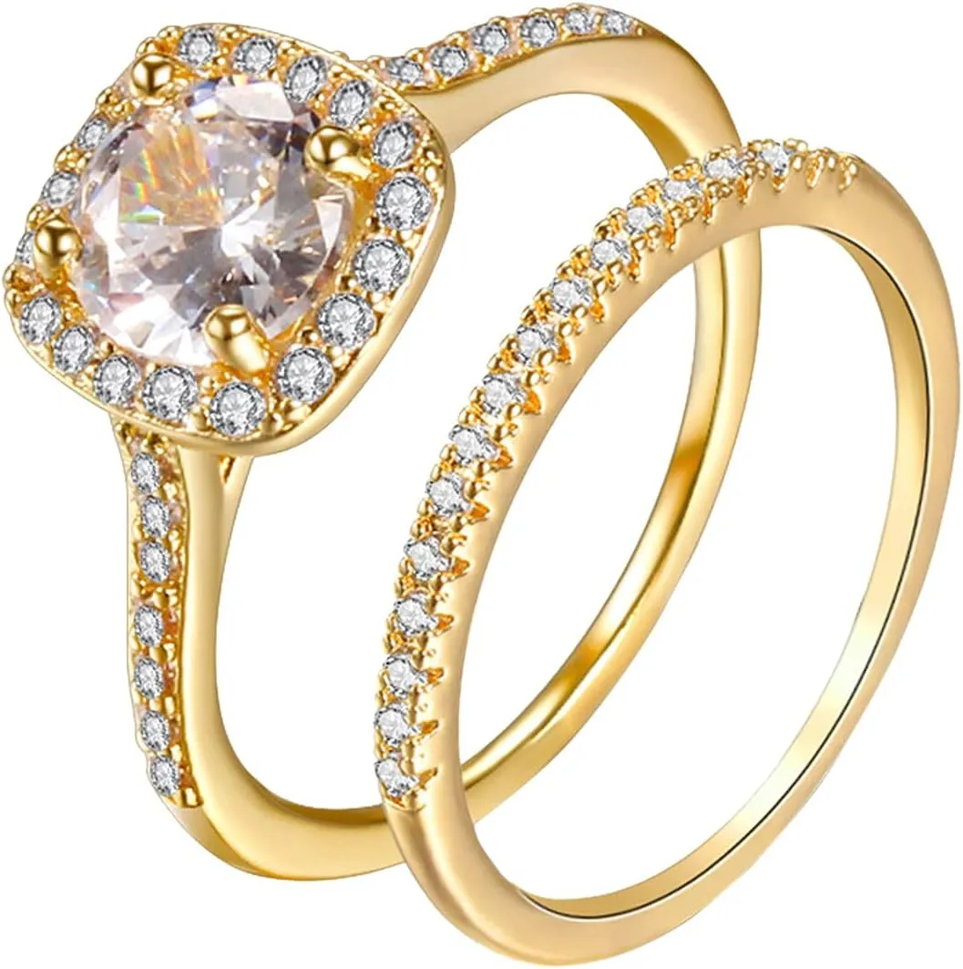 2pcs Women CZ Simulated Diamond Stackable Ring Set Zircon Engagement Rings Wedding Statement Band (Golden, 9)