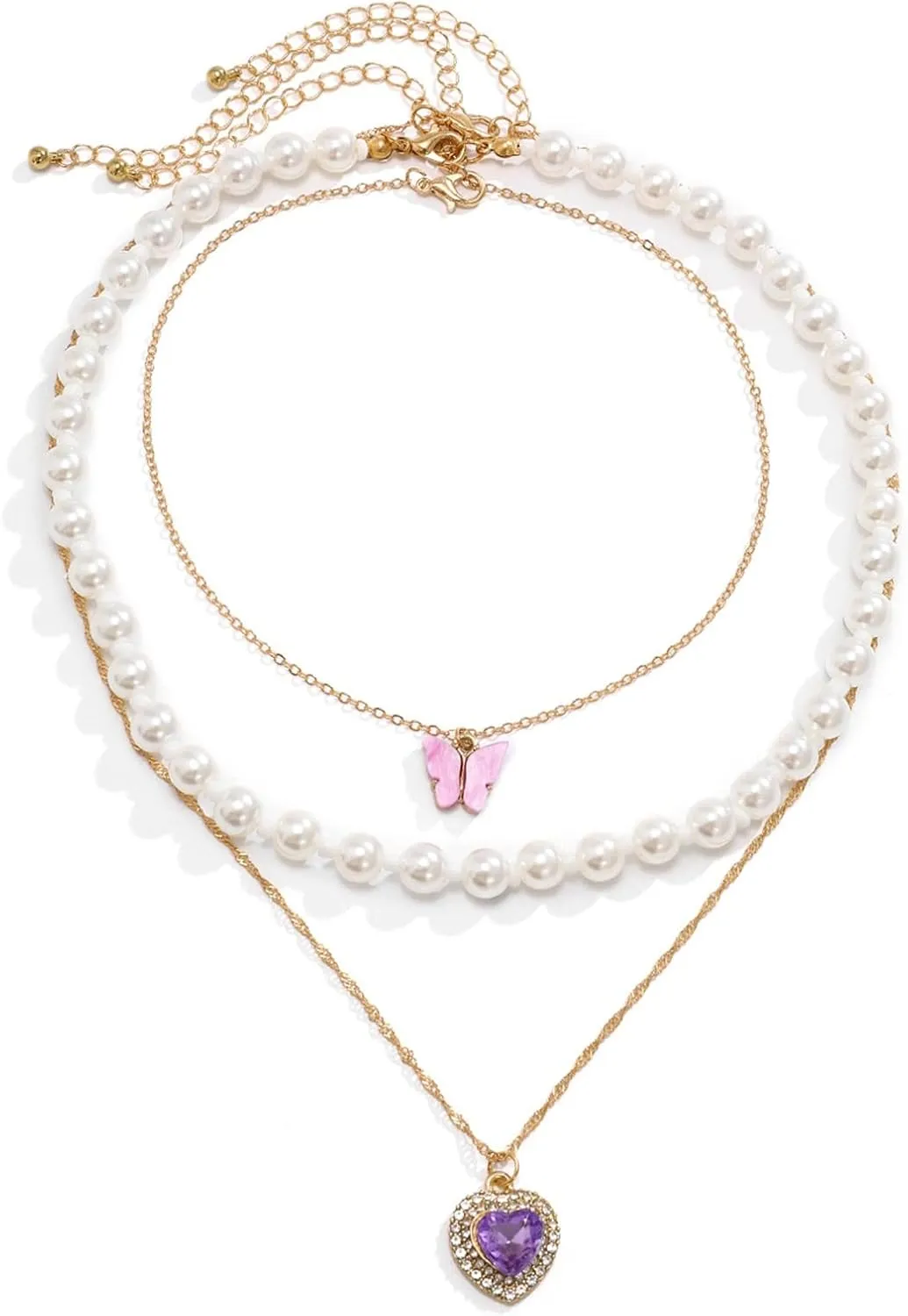 3 Layered Necklaces for Women, Layered Necklaces for Women Adjustable Gold Plated Gold Pearl Beads and Chain Necklace with Heart Pendant
