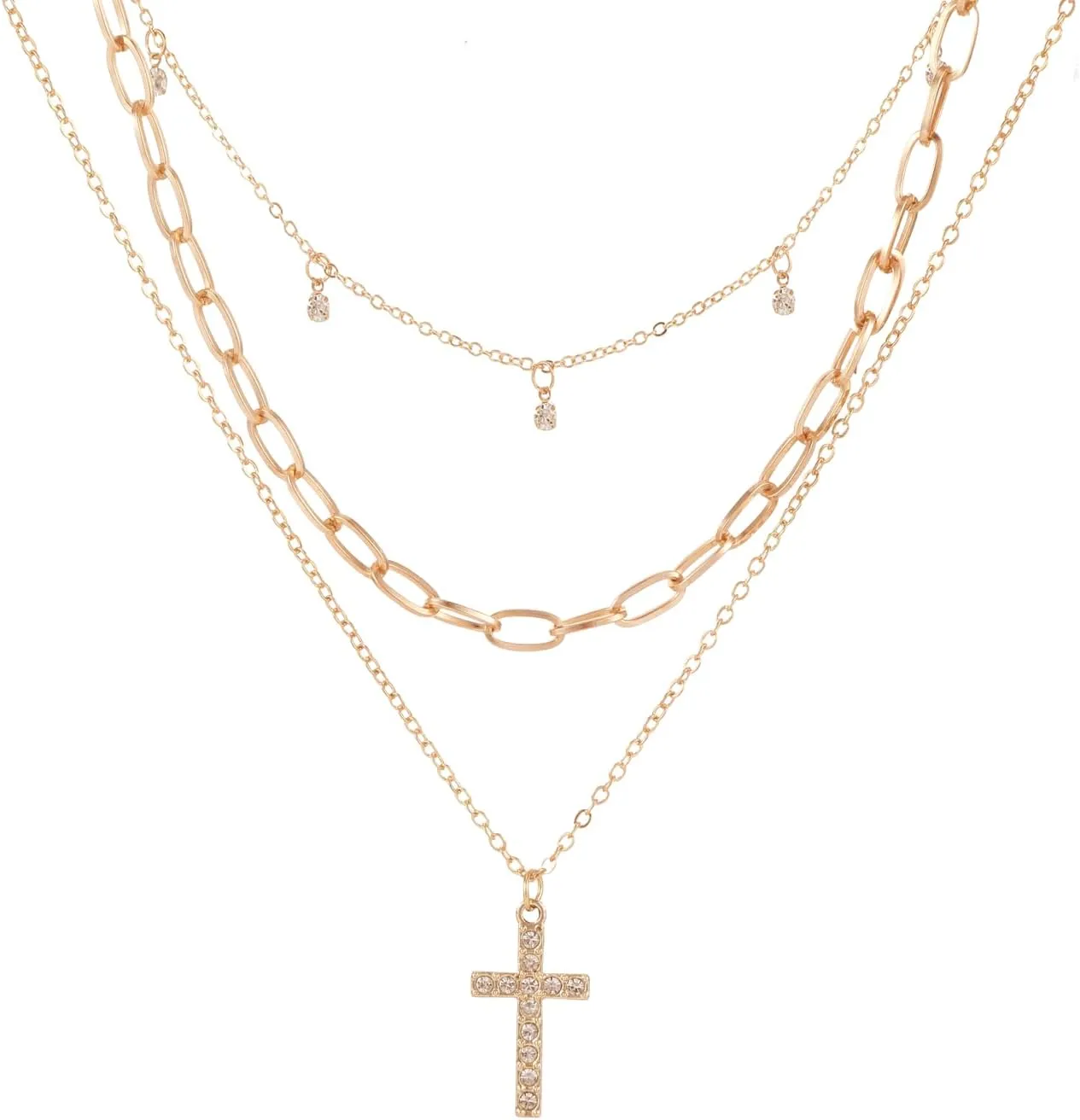 3 Pcs Gold Necklaces for Women Stack, Layered Cross Necklace for Women, Gold Paperclip Necklace Jewelry Sets, Herringbone Cuban Cross Chain Link Choker Minimalist Cross Chain Dainty Jewelry Non Tarnish