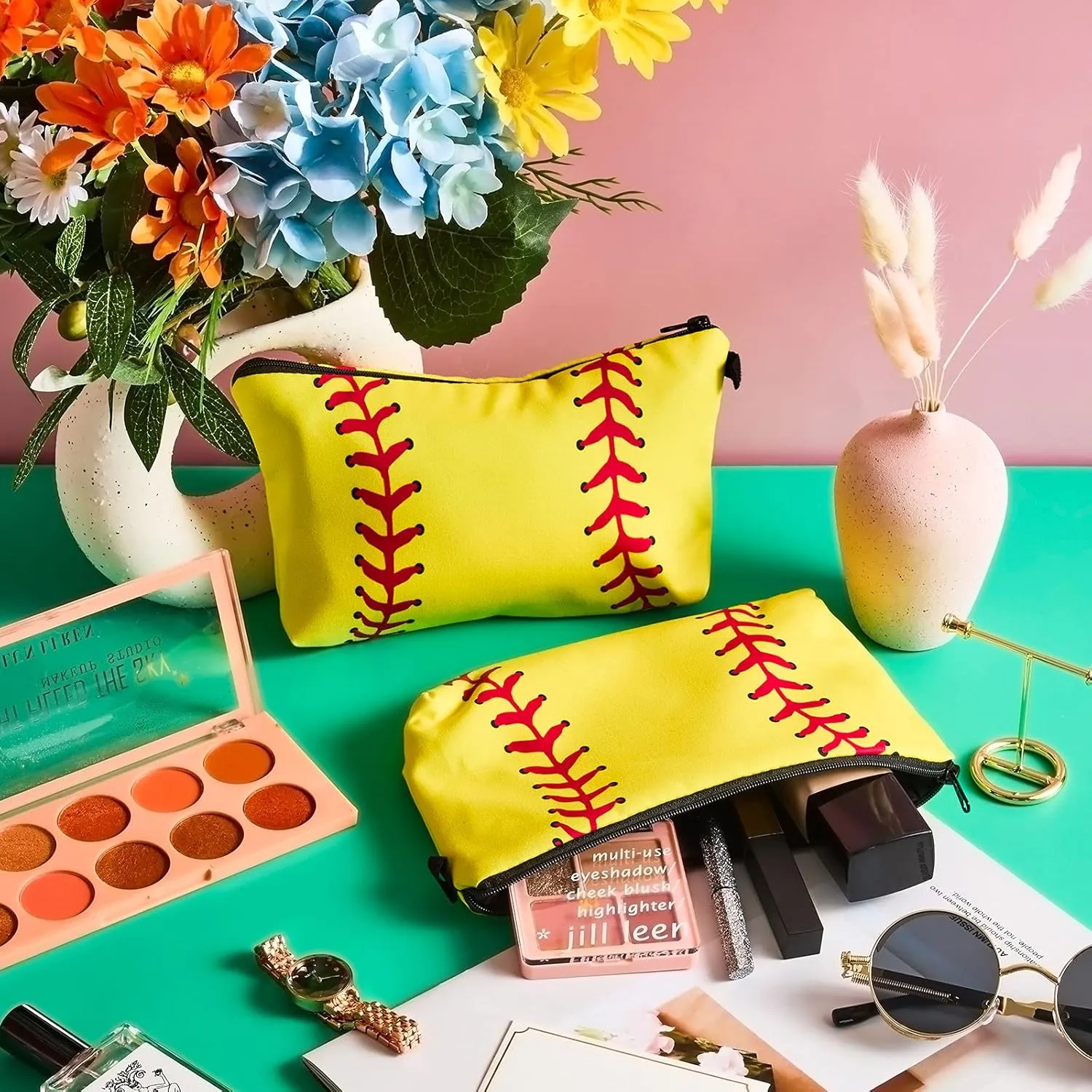 4 Pieces Sport Makeup Bags Sport Cosmetic Bags Sport Pouch Bag Travel Portable Travel Toiletry Bag for Women, Team Player (Yellow,Softball)
