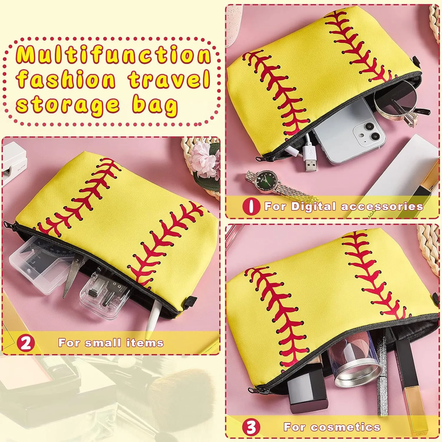 4 Pieces Sport Makeup Bags Sport Cosmetic Bags Sport Pouch Bag Travel Portable Travel Toiletry Bag for Women, Team Player (Yellow,Softball)