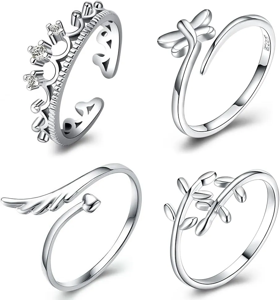 4PCS S925 Silver Rings for Women Finger Rings Knuckle Rings Toe Rings for Women Adjustable