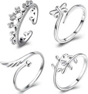 4PCS S925 Silver Rings for Women Finger Rings Knuckle Rings Toe Rings for Women Adjustable