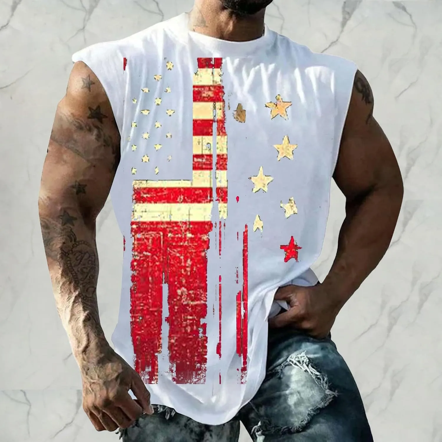4th of July Tank Tops for Men Retro USA Patriotic American Flag Sleeveless Printed Shirts Gym Tees