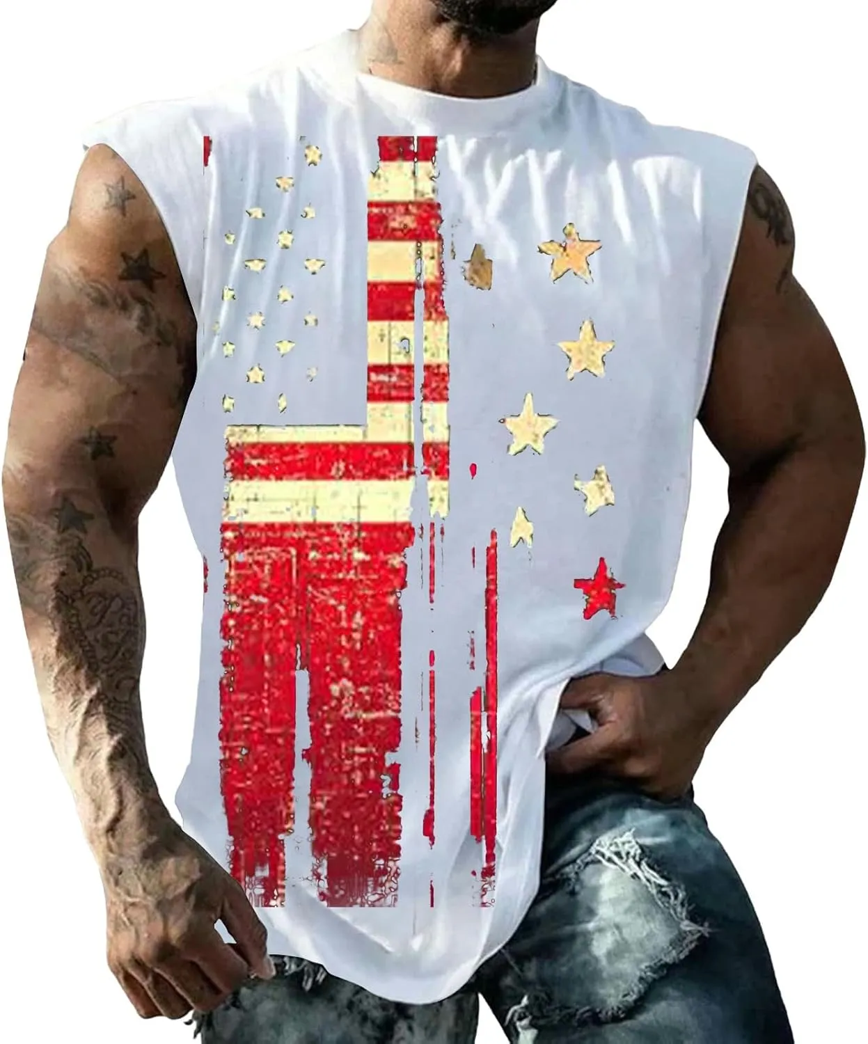 4th of July Tank Tops for Men Retro USA Patriotic American Flag Sleeveless Printed Shirts Gym Tees