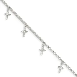 925 Sterling Silver 9 Religious Cross Anklet, 9" Length