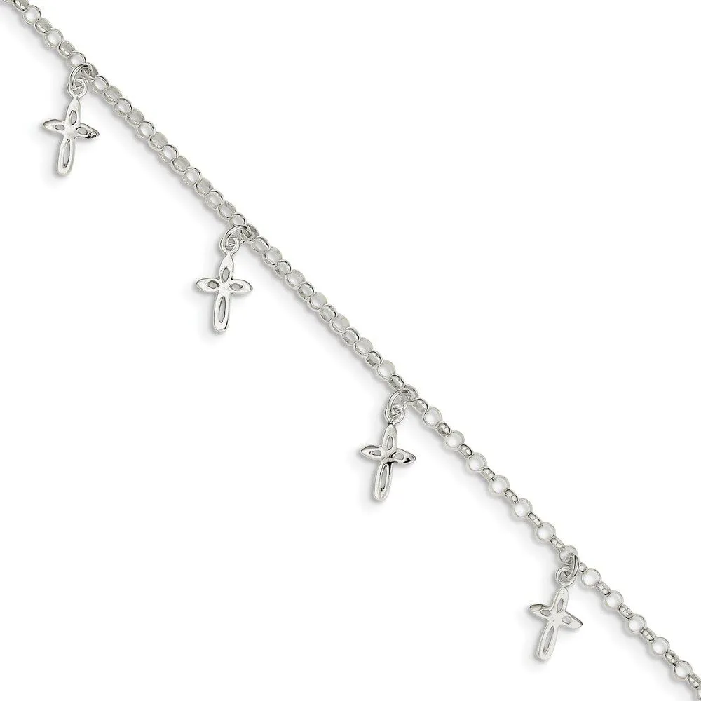 925 Sterling Silver 9 Religious Cross Anklet, 9" Length