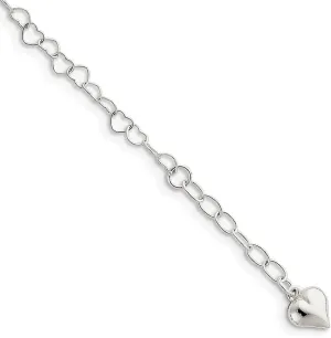 925 Sterling Silver Polished Puffed Heart with 9" Length with 1" Extender Anklet