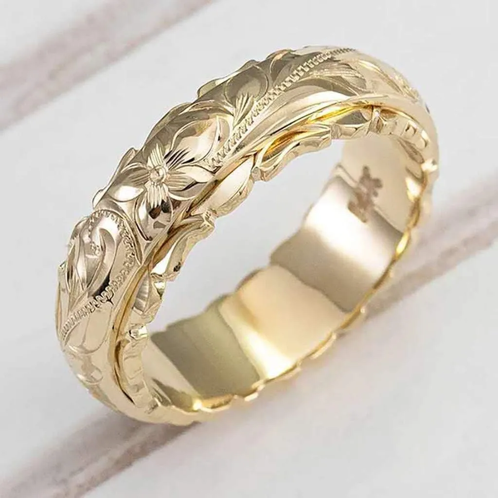 925 Sterling Silver Rings Gold Plated Engraved Plumeria Flower Wedding Ring Hand Carved Stackable Ring for Women