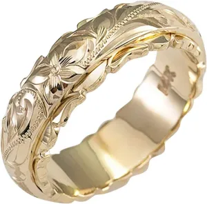 925 Sterling Silver Rings Gold Plated Engraved Plumeria Flower Wedding Ring Hand Carved Stackable Ring for Women