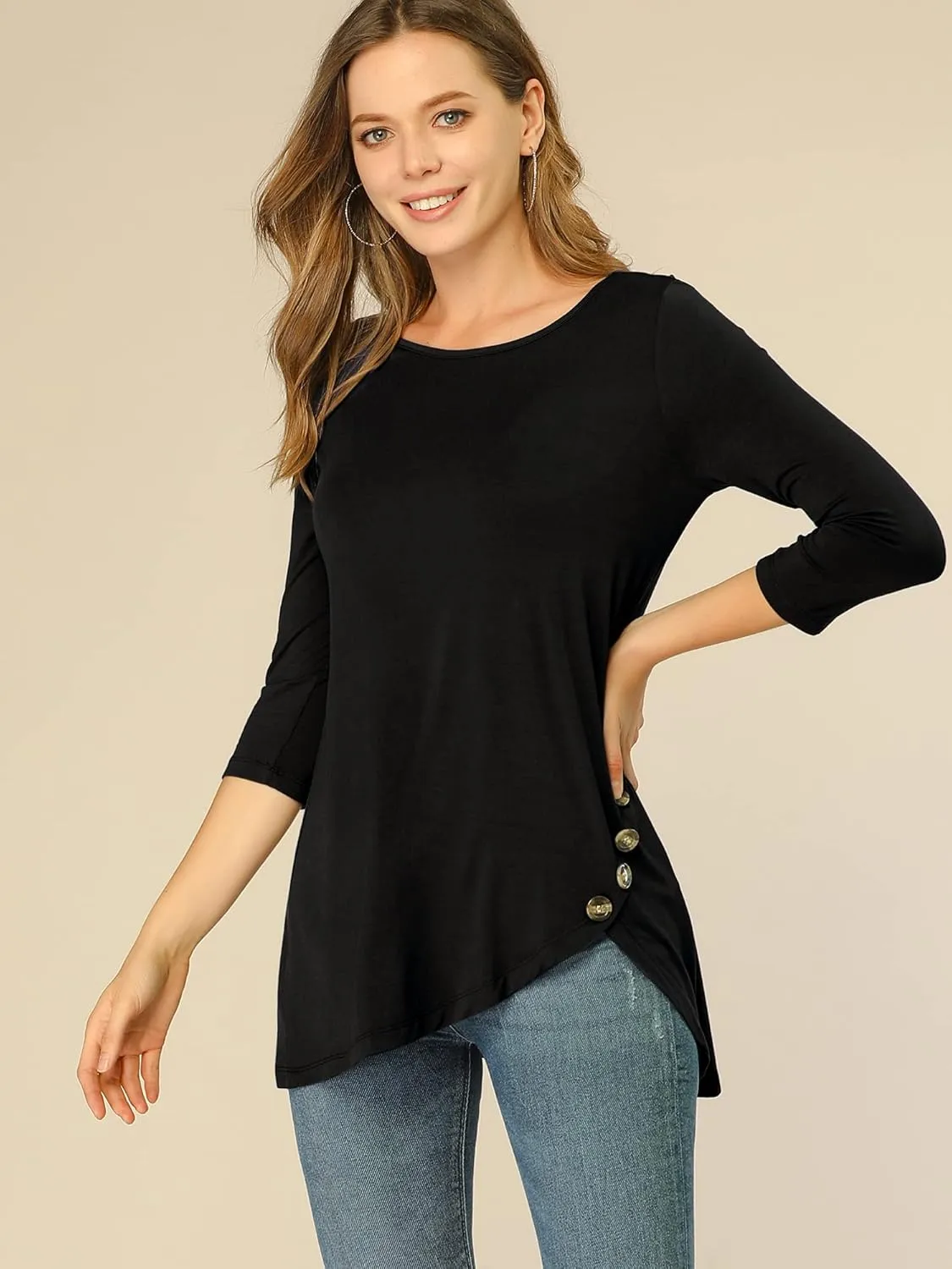 Allegra K Women's Tunic T-shirt Loose Spring 2025 Asymmetry Hem 3/4 Sleeve Round Neck Casual Basic Tops