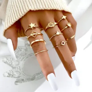 Alloy Crown Open Ring Set Pentagram Peach Heart Ring 10 Piece Rings for Women and Girls