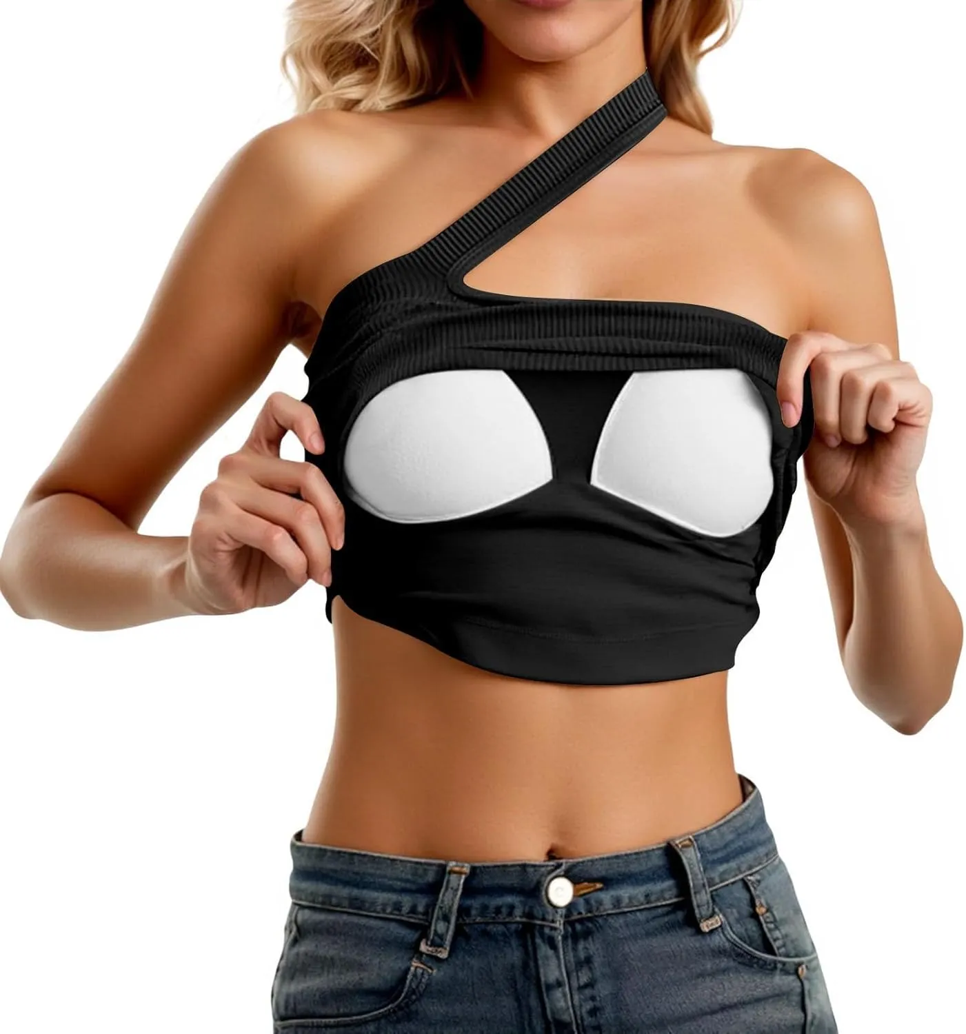 AMDBEL Built In Bra Tank Tops for Women,Summer One Shoulder Crop Cami Tank for Women Seamless Ribbed Asymmetric Cropped Tops