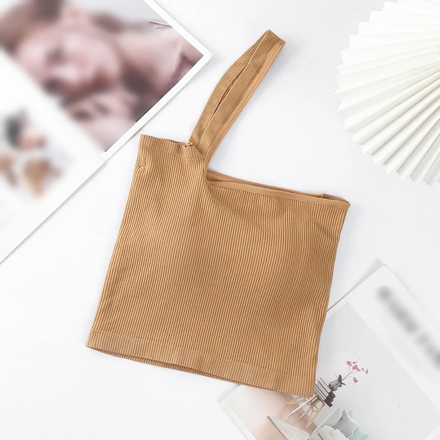 AMDBEL Built In Bra Tank Tops for Women,Summer One Shoulder Crop Cami Tank for Women Seamless Ribbed Asymmetric Cropped Tops
