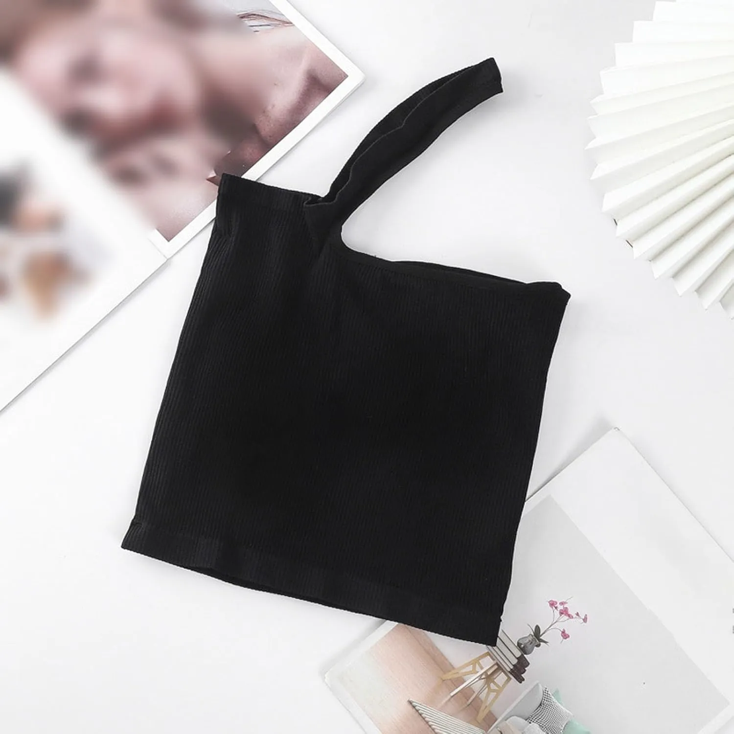 AMDBEL Built In Bra Tank Tops for Women,Summer One Shoulder Crop Cami Tank for Women Seamless Ribbed Asymmetric Cropped Tops