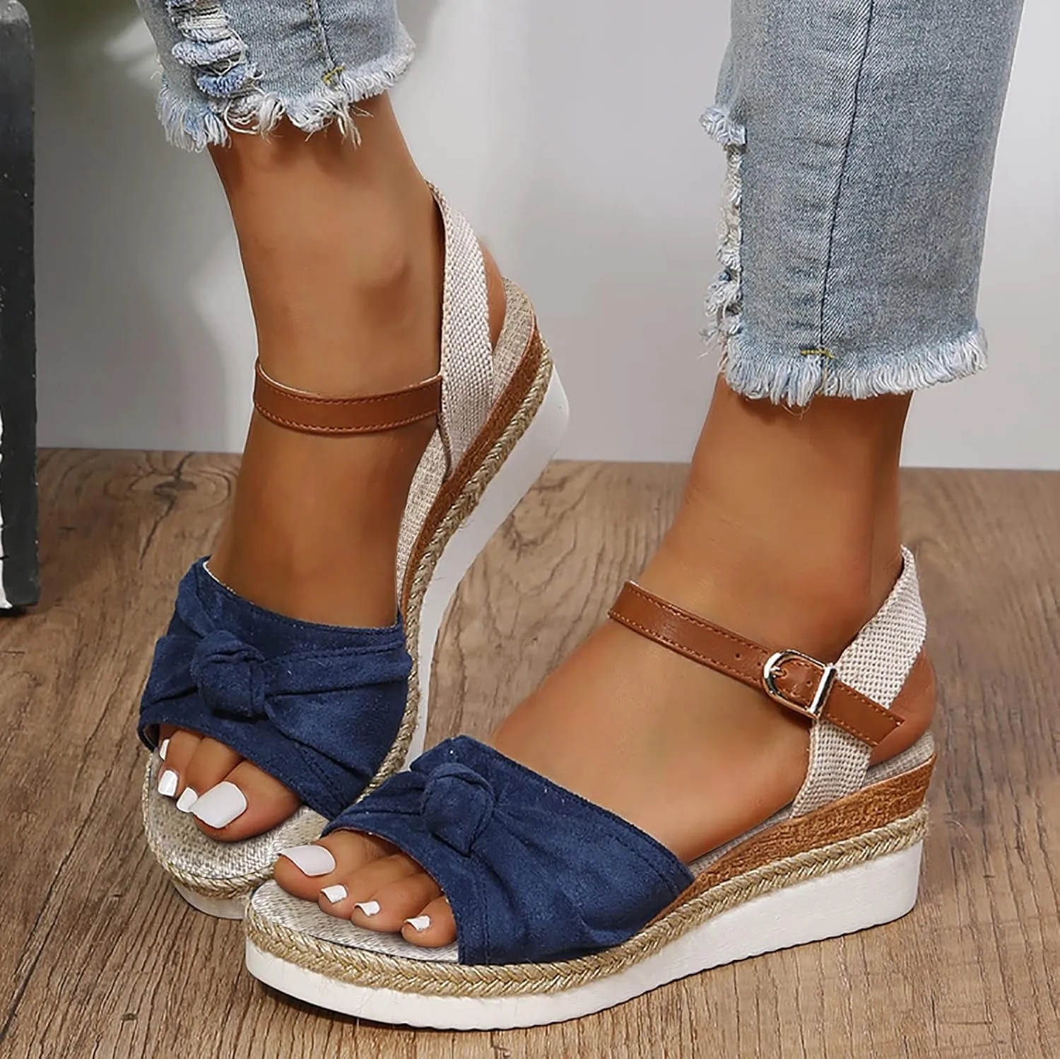 AMDBEL Orthopedic Wedge Sandals for Women Espadrille Sandals Dressy Open Toe Ankle Strap Heel Fashion Strappy Beach Shoes