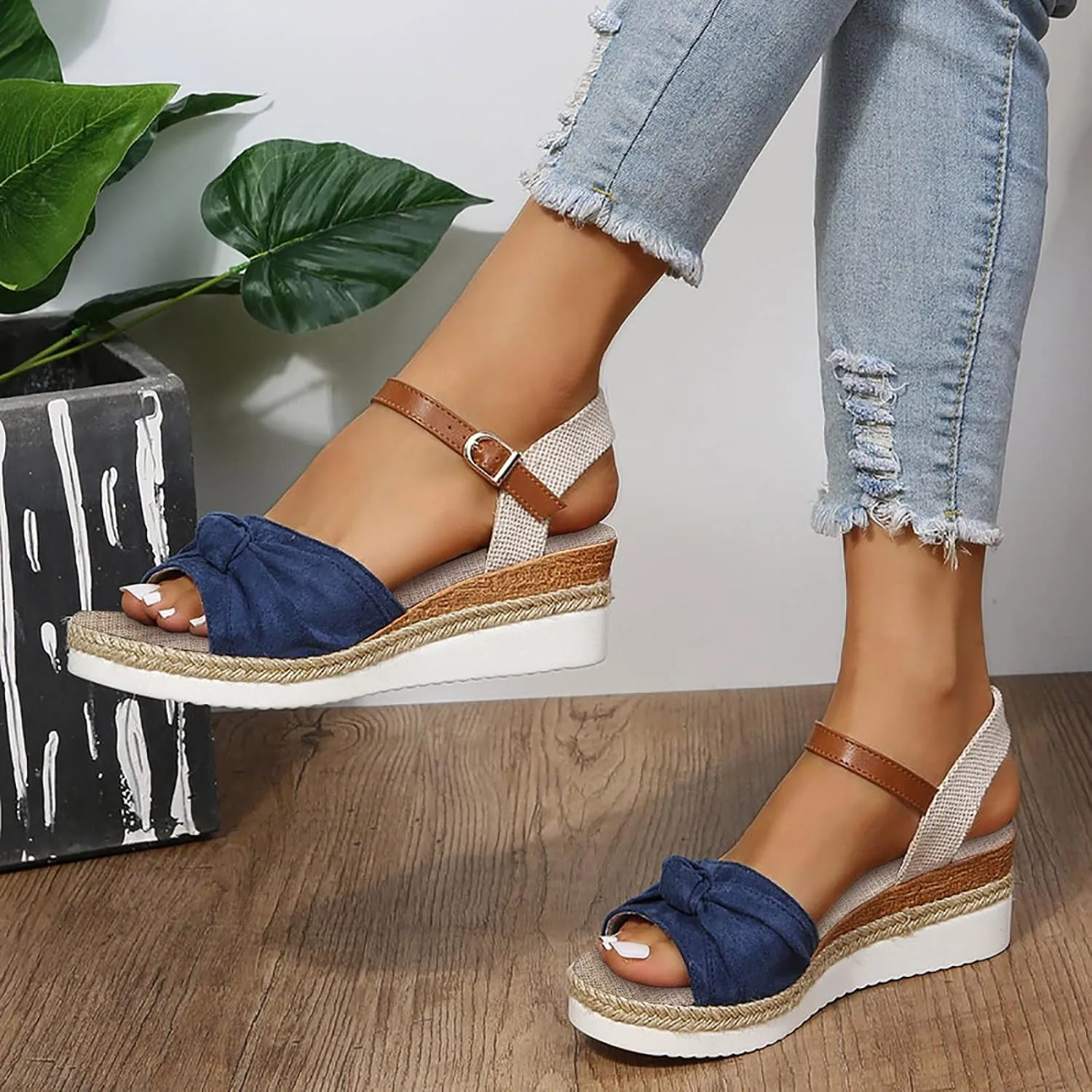 AMDBEL Orthopedic Wedge Sandals for Women Espadrille Sandals Dressy Open Toe Ankle Strap Heel Fashion Strappy Beach Shoes