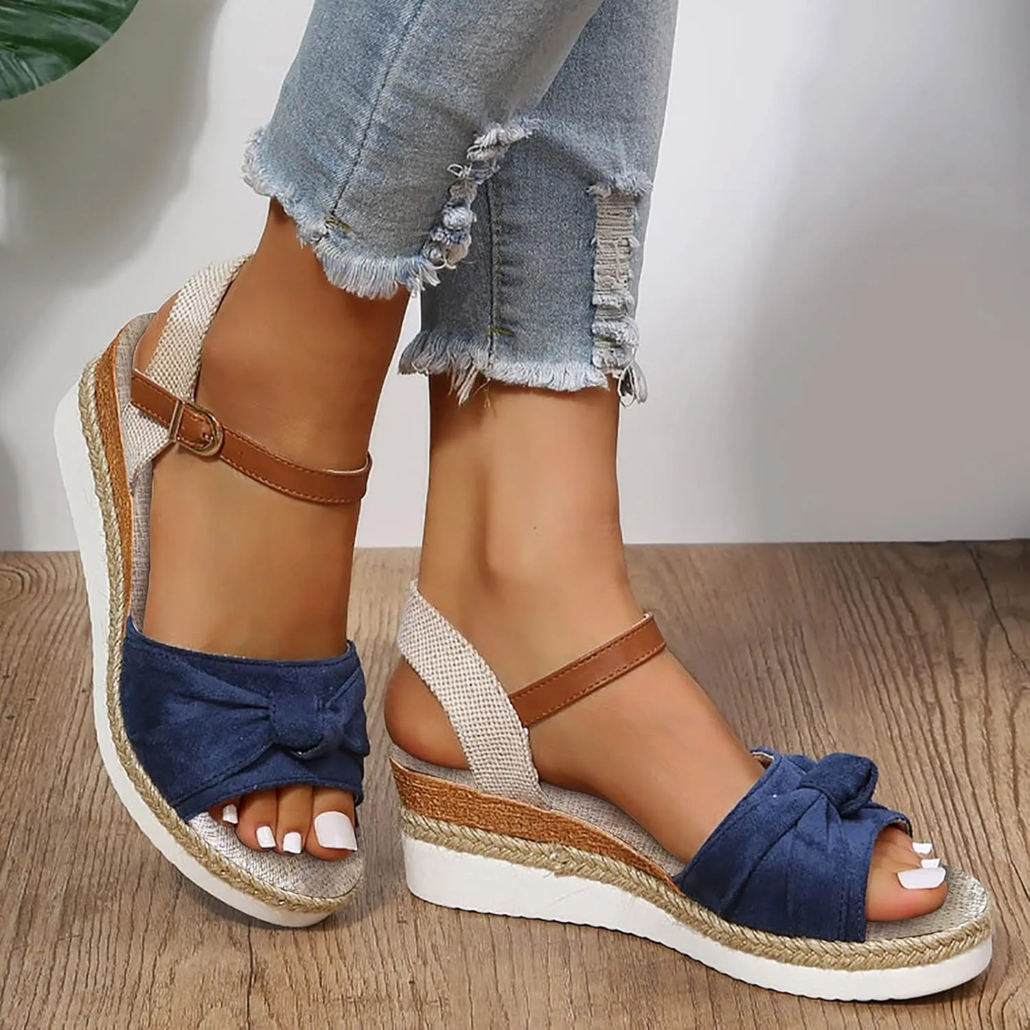AMDBEL Orthopedic Wedge Sandals for Women Espadrille Sandals Dressy Open Toe Ankle Strap Heel Fashion Strappy Beach Shoes