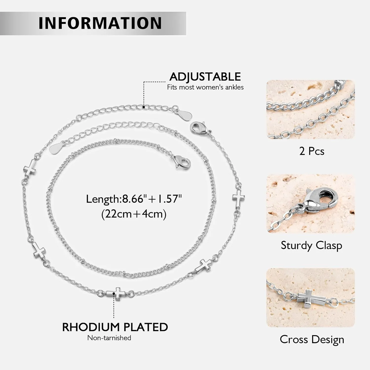 Anklets for Women 18K Gold Silver Plated Ankle Bracelets Waterproof Beaded Chain Dainty Layered Summer Beach Foot Jewelry Adjustable 2Pcs